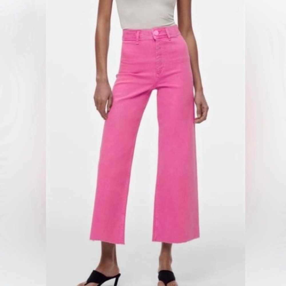 Zara Marine Straight Wide Leg Jeans Hot Pink Raw Hem High Waist USA Size 4 - Picture 2 of 6